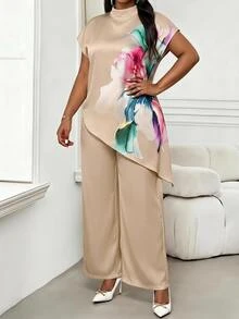 SHEIN Lady Plus Size Women Floral Print Asymmetrical Hem Top And Pants Set - Khaki - View 2