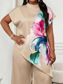 SHEIN Lady Plus Size Women Floral Print Asymmetrical Hem Top And Pants Set - Khaki - View 5