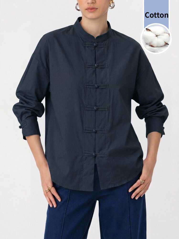 EastFlair Plus Size Autumn Casual Solid Color Frog Button Shirt - Navy Blue - View 4
