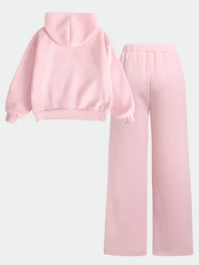 SHEIN 女童女孩粉色花卉印花圓領寬鬆衛衣寬腿運動長褲休閒套裝 - 粉色 - 查看 3