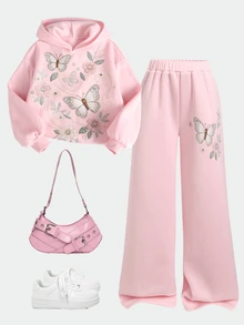 SHEIN 女童女孩粉色花卉印花圓領寬鬆衛衣寬腿運動長褲休閒套裝 - 粉色 - 查看 2
