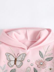 SHEIN 女童女孩粉色花卉印花圓領寬鬆衛衣寬腿運動長褲休閒套裝 - 粉色 - 查看 5