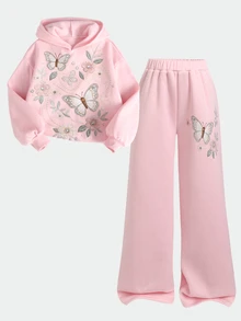 SHEIN 女童女孩粉色花卉印花圓領寬鬆衛衣寬腿運動長褲休閒套裝 - 粉色 - 查看 4