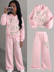 SHEIN 女童女孩粉色花卉印花圓領寬鬆衛衣寬腿運動長褲休閒套裝 - 粉色 - 查看 12
