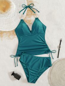 Swim Chiccia Ladies Black Metal Jewelry V-Neck Wrinkle Drawstring Fashionable And Elegant Ladies Tankini For Beach Music Festival, Spring/Summer - Teal Blue - View 6
