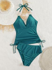 Swim Chiccia Ladies Black Metal Jewelry V-Neck Wrinkle Drawstring Fashionable And Elegant Ladies Tankini For Beach Music Festival, Spring/Summer - Teal Blue - View 5