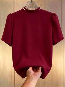 GlowEve CURVE Plus Size Women's Solid Color Short Sleeve Round Neck Pearl Decor Blouse Teachers' Day Formal Office Red Summer Elegant - Burgundy - View 2
