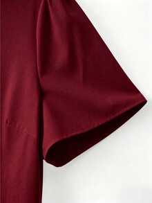 GlowEve CURVE Plus Size Women's Solid Color Short Sleeve Round Neck Pearl Decor Blouse Teachers' Day Formal Office Red Summer Elegant - Burgundy - View 3