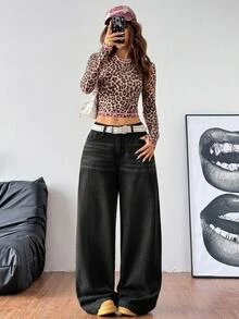 SHEIN Tall Celana Jeans Denim Wanita Kaki Lebar Longgar Kasual Serbaguna dengan Saku Musim Gugur/Dingin Kasual Y2K All-Match Halloween Festival Sekolah Tinggi Fleece Berbulu Halus - Hitam - View 6