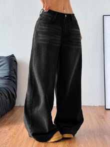 SHEIN Tall Celana Jeans Denim Wanita Kaki Lebar Longgar Kasual Serbaguna dengan Saku Musim Gugur/Dingin Kasual Y2K All-Match Halloween Festival Sekolah Tinggi Fleece Berbulu Halus - Hitam - View 4