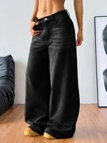 SHEIN Tall Celana Jeans Denim Wanita Kaki Lebar Longgar Kasual Serbaguna dengan Saku Musim Gugur/Dingin Kasual Y2K All-Match Halloween Festival Sekolah Tinggi Fleece Berbulu Halus - Hitam - View 2