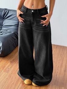 SHEIN Tall Celana Jeans Denim Wanita Kaki Lebar Longgar Kasual Serbaguna dengan Saku Musim Gugur/Dingin Kasual Y2K All-Match Halloween Festival Sekolah Tinggi Fleece Berbulu Halus - Hitam - View 5