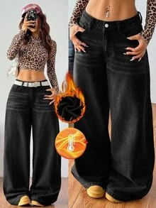 SHEIN Tall Celana Jeans Denim Wanita Kaki Lebar Longgar Kasual Serbaguna dengan Saku Musim Gugur/Dingin Kasual Y2K All-Match Halloween Festival Sekolah Tinggi Fleece Berbulu Halus - Hitam - View 1