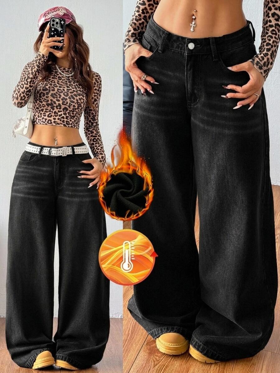 SHEIN Tall Celana Jeans Denim Wanita Kaki Lebar Longgar Kasual Serbaguna dengan Saku Musim Gugur/Dingin Kasual Y2K All-Match Halloween Festival Sekolah Tinggi Fleece Berbulu Halus - Hitam - View 1