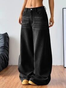 SHEIN Tall Celana Jeans Denim Wanita Kaki Lebar Longgar Kasual Serbaguna dengan Saku Musim Gugur/Dingin Kasual Y2K All-Match Halloween Festival Sekolah Tinggi Fleece Berbulu Halus - Hitam - View 3