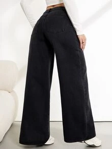 SHEIN Tall Celana Jeans Denim Wanita Kaki Lebar Longgar Kasual Serbaguna dengan Saku Musim Gugur/Dingin Kasual Y2K All-Match Halloween Festival Sekolah Tinggi Fleece Berbulu Halus - Hitam - View 7