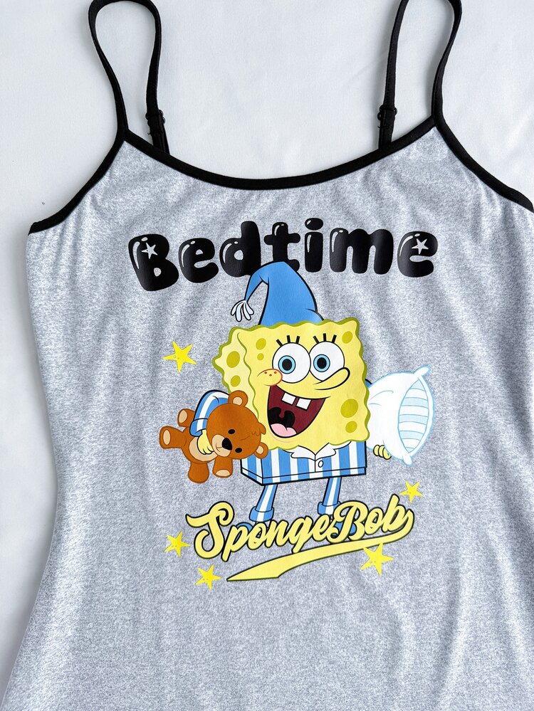 SpongeBob SquarePants | SHEIN 女士休闲字母卡通印花吊带睡裙，夏季 - 淺灰色 - 查看 4