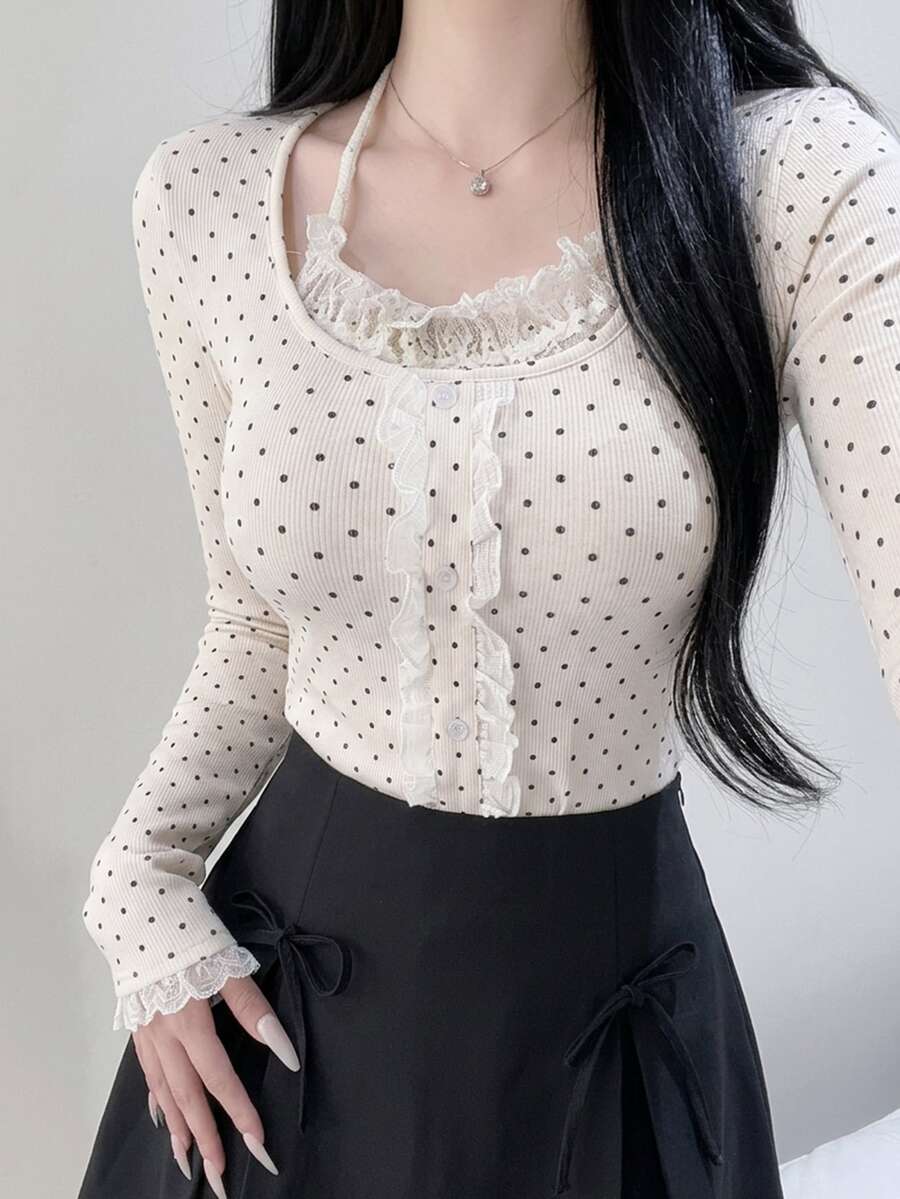 FRIFUL Women's Polka Dot Print Frill Trim Single-Breasted Halter Neck T-Shirt Fall - White - View 1