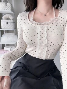 FRIFUL Women's Polka Dot Print Frill Trim Single-Breasted Halter Neck T-Shirt Fall - White - View 2