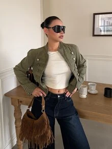 DAZY 女款寬鬆休閒復古 70s 90s 街頭戶外橄欖綠雙排扣小立領長袖牛仔夾克 秋季日常穿搭 - 橄欖綠 - 查看 7