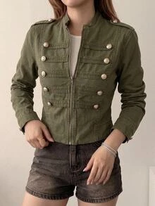 DAZY 女款寬鬆休閒復古 70s 90s 街頭戶外橄欖綠雙排扣小立領長袖牛仔夾克 秋季日常穿搭 - 橄欖綠 - 查看 3