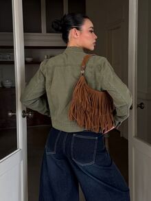 DAZY 女款寬鬆休閒復古 70s 90s 街頭戶外橄欖綠雙排扣小立領長袖牛仔夾克 秋季日常穿搭 - 橄欖綠 - 查看 6