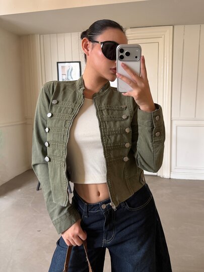 DAZY Women's Loose Casual Street Outdoor Army Green Double-Breasted Small Stand Collar Long Sleeve Denim Jacket, Spring/Autumn Everyday Night Out
