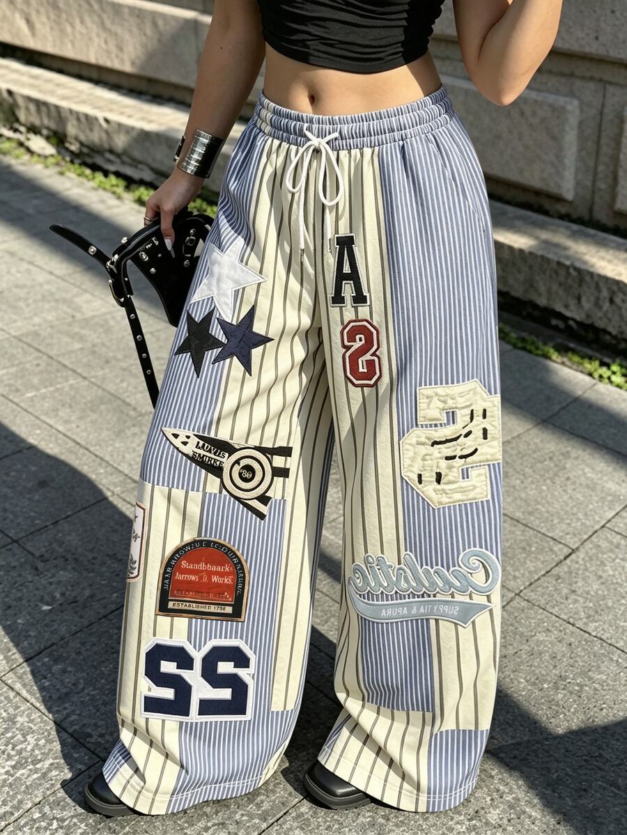 Rovax Women's Letter Print Striped Colorblock Drawstring Waist Sweatpants With Pockets - Multicolor - View 1