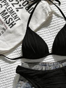 SHEIN Swim 女款春夏提花布料掛脖式聚攏高衩比基尼套裝 - 黑色 - 查看 4