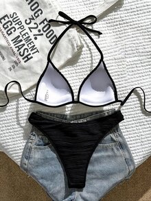 SHEIN Swim 女款春夏提花布料掛脖式聚攏高衩比基尼套裝 - 黑色 - 查看 3