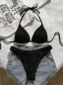 SHEIN Swim 女款春夏提花布料掛脖式聚攏高衩比基尼套裝 - 黑色 - 查看 2