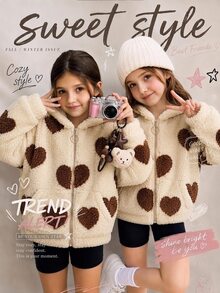 SHEIN جاكيت أبيض سادة من الفليس بغطاء رأس وسحاب للأطفال والفتيات المراهقات، معطف ناعم فروي، للعودة إلى المدرسة - أبيض - مشاهدة 2