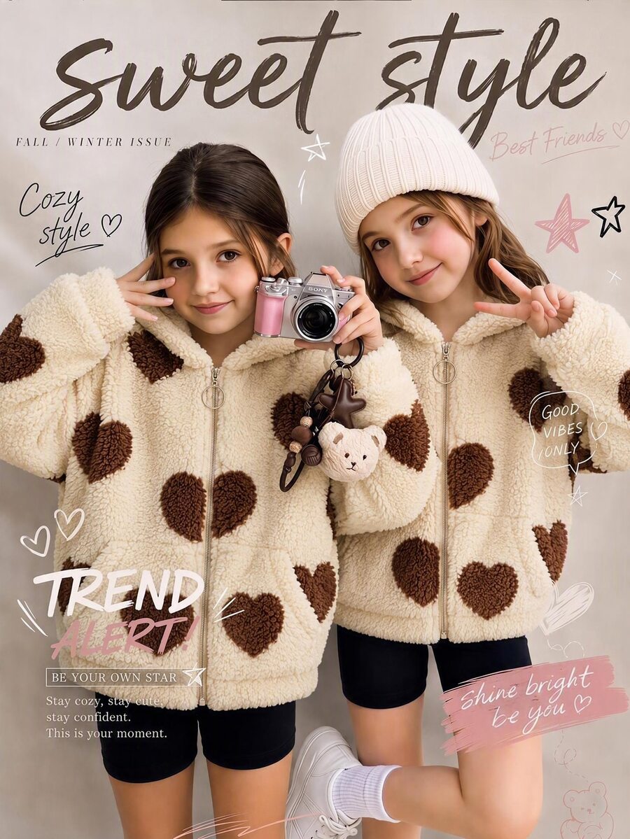 SHEIN Tween Girl Tween Girl Solid White Fleece Hooded Zip-Up Jacket Plush Fuzzy Winter Coat, Back To School - White - View 1