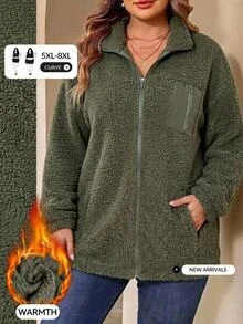 SHEIN CURVE+ Plus Size Women's Fleece Jacket, Casual Autumn/Winter Coral Fleece Jacket With Chest And Side Pockets, Suitable For Autumn/Winter - Army Green - View 1