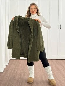SHEIN CURVE+ Plus Size Women's Fleece Jacket, Casual Autumn/Winter Coral Fleece Jacket With Chest And Side Pockets, Suitable For Autumn/Winter - Army Green - View 13