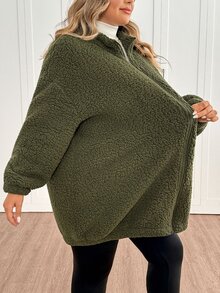 SHEIN CURVE+ Plus Size Women's Fleece Jacket, Casual Autumn/Winter Coral Fleece Jacket With Chest And Side Pockets, Suitable For Autumn/Winter - Army Green - View 9