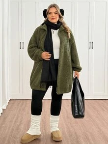 SHEIN CURVE+ Plus Size Women's Fleece Jacket, Casual Autumn/Winter Coral Fleece Jacket With Chest And Side Pockets, Suitable For Autumn/Winter - Army Green - View 5