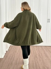 SHEIN CURVE+ Plus Size Women's Fleece Jacket, Casual Autumn/Winter Coral Fleece Jacket With Chest And Side Pockets, Suitable For Autumn/Winter - Army Green - View 4