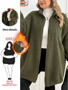 SHEIN CURVE+ Plus Size Women's Fleece Jacket, Casual Autumn/Winter Coral Fleece Jacket With Chest And Side Pockets, Suitable For Autumn/Winter - Army Green - View 3