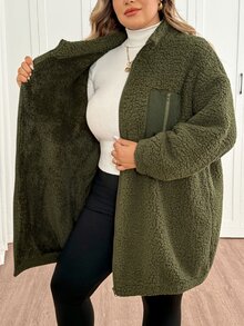 SHEIN CURVE+ Plus Size Women's Fleece Jacket, Casual Autumn/Winter Coral Fleece Jacket With Chest And Side Pockets, Suitable For Autumn/Winter - Army Green - View 11