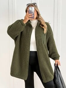 SHEIN CURVE+ Plus Size Women's Fleece Jacket, Casual Autumn/Winter Coral Fleece Jacket With Chest And Side Pockets, Suitable For Autumn/Winter - Army Green - View 8