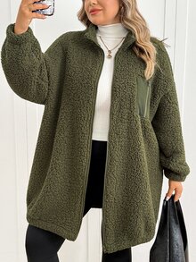 SHEIN CURVE+ Plus Size Women's Fleece Jacket, Casual Autumn/Winter Coral Fleece Jacket With Chest And Side Pockets, Suitable For Autumn/Winter - Army Green - View 6