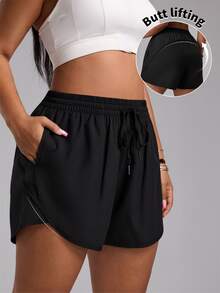 Rhythm Era Plus Size Women's Summer Minimalist Solid Color Drawstring Waist Slant Pocket Loose Athletic Shorts - Black - View 4