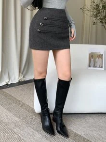 DAZY 秋冬高腰深灰色羊毛混紡金屬鈕扣裝飾貼身顯瘦短裙，優雅通勤約會休閒女裙 - 深灰色 - 查看 8