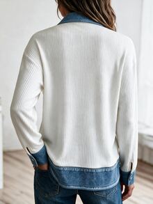 Louniche Women's Patchwork Knit Cardigan, Vintage Contrast Color Lapel Long Sleeve Thin Jacket For Spring And Autumn - White - View 2