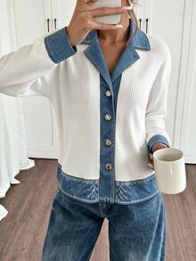 Louniche Women's Patchwork Knit Cardigan, Vintage Contrast Color Lapel Long Sleeve Thin Jacket For Spring And Autumn - White - View 6