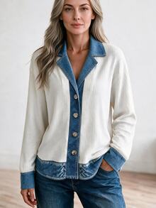 Louniche Women's Patchwork Knit Cardigan, Vintage Contrast Color Lapel Long Sleeve Thin Jacket For Spring And Autumn - White - View 7
