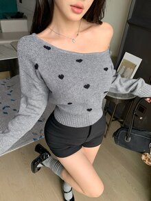 DAZY Women's Korean Style Sexy Ribbed Patchwork Asymmetric Shoulder Sweater - Grey - View 9