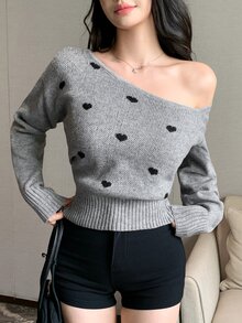 DAZY Women's Korean Style Sexy Ribbed Patchwork Asymmetric Shoulder Sweater - Grey - View 3