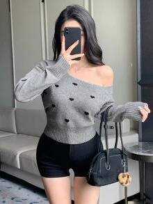 DAZY Women's Korean Style Sexy Ribbed Patchwork Asymmetric Shoulder Sweater - Grey - View 8